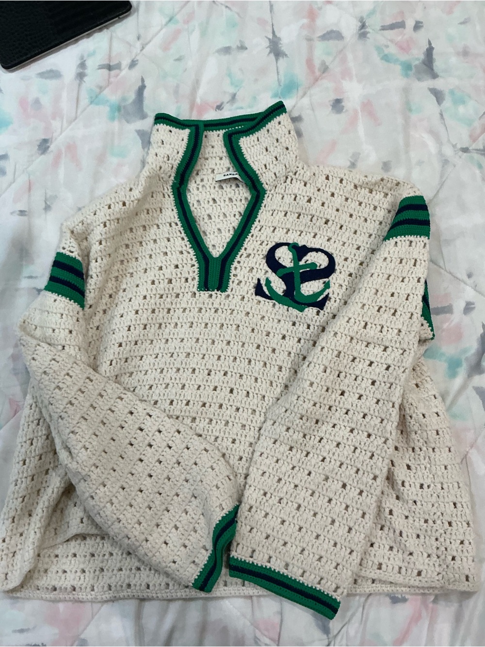 Sandro Cream Crochet Turtleneck Sweater with Green & Navy Trim